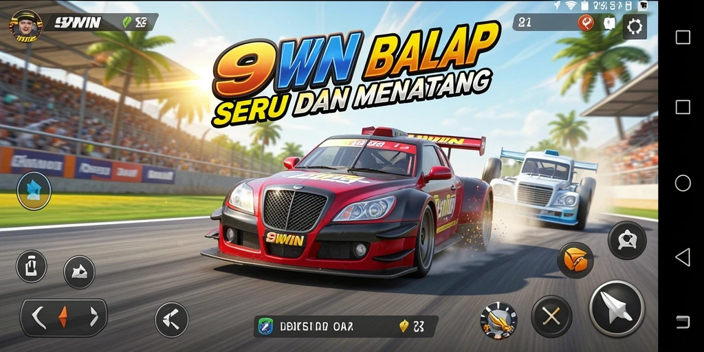 Screenshot utama 9WIN menampilkan balapan yang mendebarkan di lintasan kota.