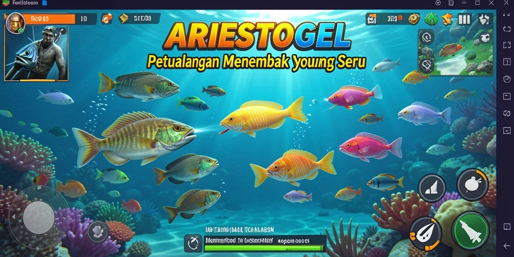 Screenshot gameplay ARIESTOGEL menampilkan aksi menembak ikan yang seru.