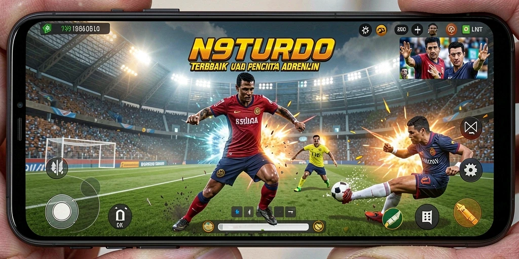 Screenshot gameplay N9TURBO yang penuh aksi dalam pertandingan olahraga.